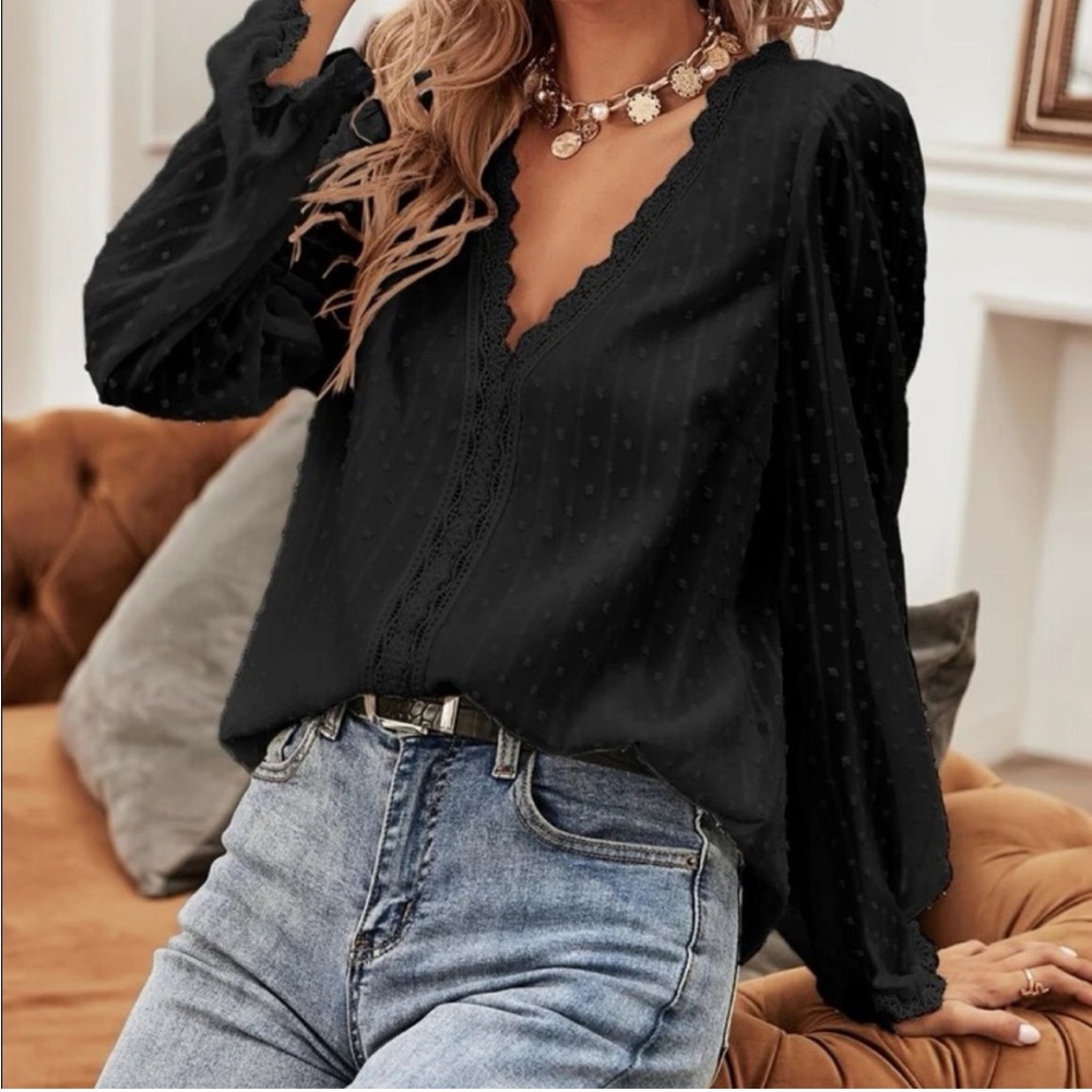 Swiss Dot Lace Panel Blouse - Black - L (8-10)